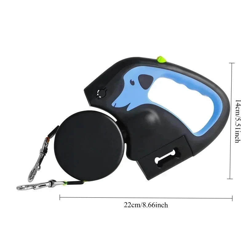 3m Retractable Rotating Pet Leash for 2 Dogs Multifunctional Double Rope Leashes with Flashlight and Poop Bag Box