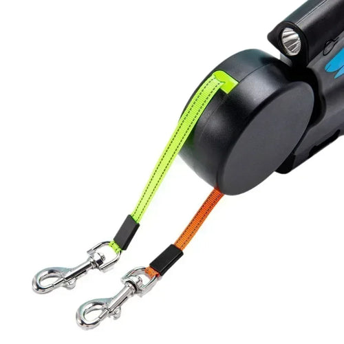 3m Retractable Rotating Pet Leash for 2 Dogs Multifunctional Double Rope Leashes with Flashlight and Poop Bag Box