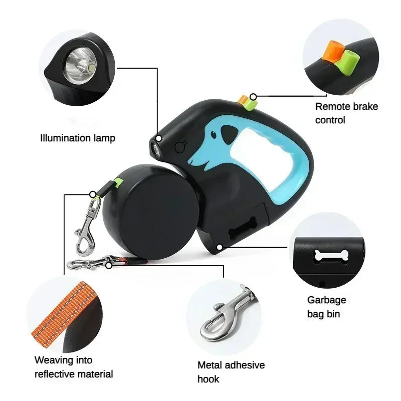 3m Retractable Rotating Pet Leash for 2 Dogs Multifunctional Double Rope Leashes with Flashlight and Poop Bag Box
