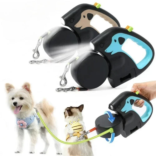3m Retractable Rotating Pet Leash for 2 Dogs Multifunctional Double Rope Leashes with Flashlight and Poop Bag Box