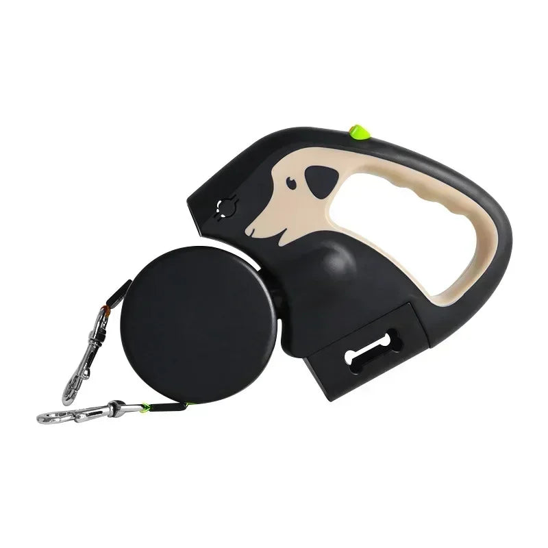 3m Retractable Rotating Pet Leash for 2 Dogs Multifunctional Double Rope Leashes with Flashlight and Poop Bag Box
